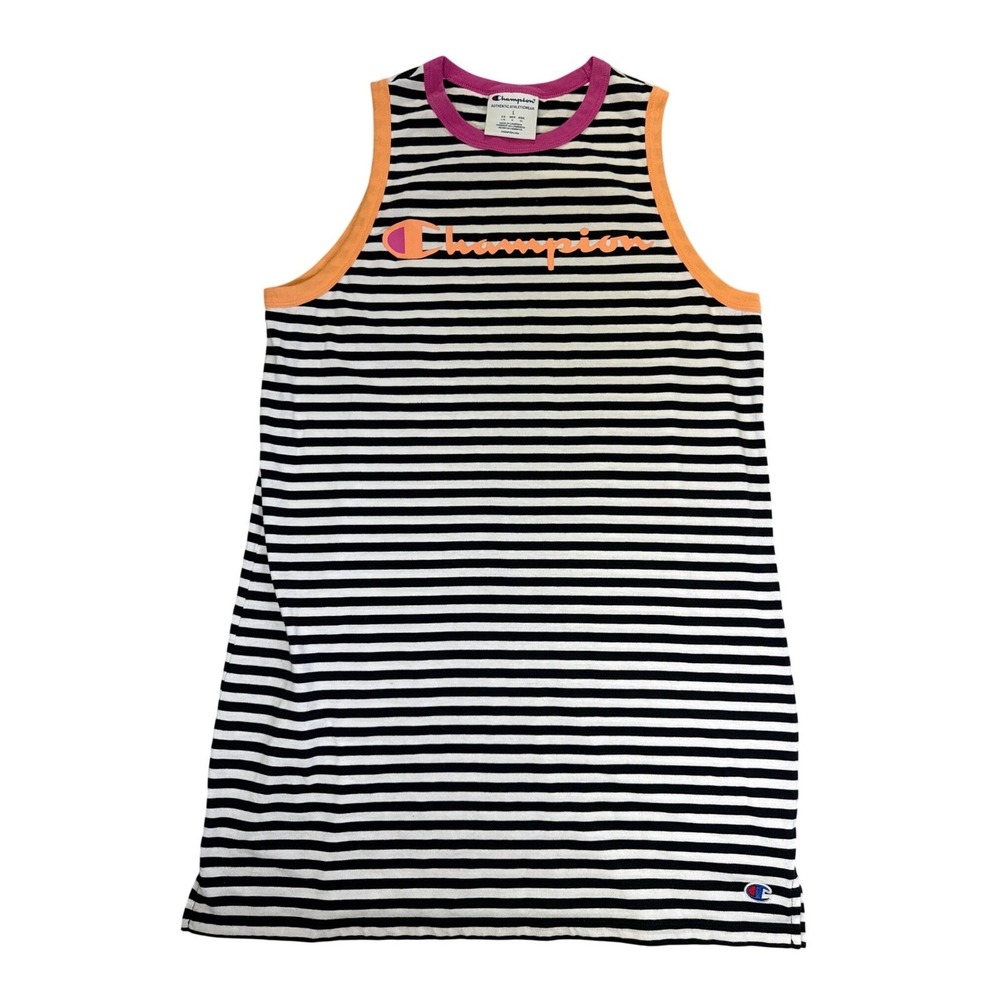 Champion Womens Striped Sleeveless T-Shirt Dress Black White Orange Purple L